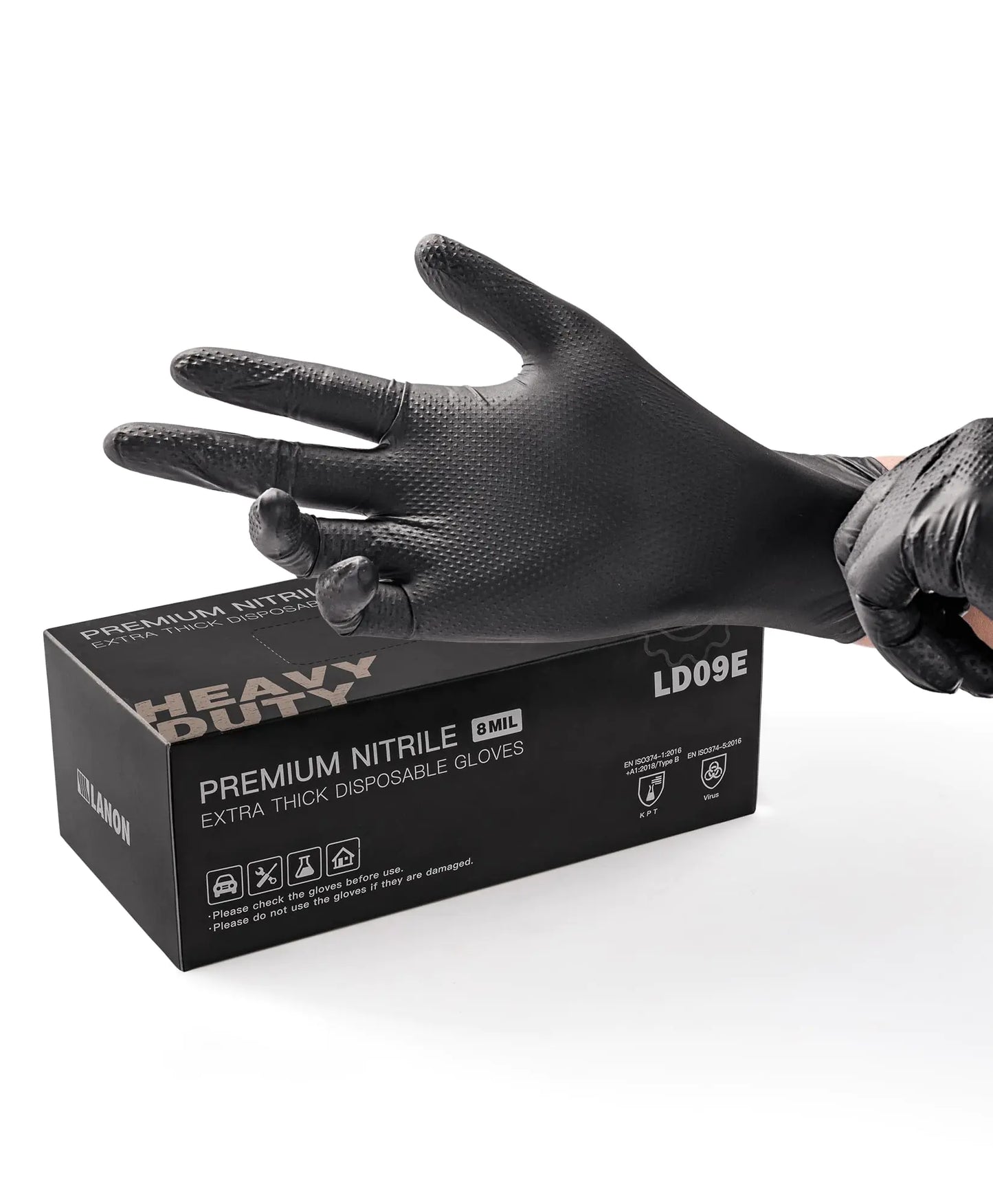 LANON 8 Mil Heavy Duty Black Nitrile Gloves Food Safe Powder Free Mechanic Fully-Diamond Textured Grip Industrial Disposable Gloves Medium