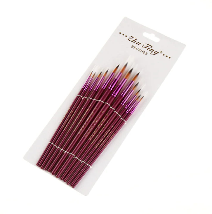 12 Purple Round Oil Paint Brushes & Watercolor Set