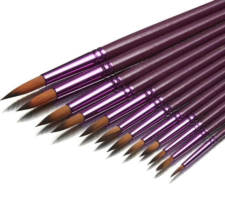 12 Purple Round Oil Paint Brushes & Watercolor Set
